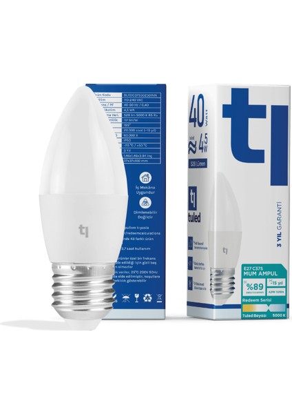 Redeem C37S E27 Mum Ampul, Titreşimsiz, Göz Konforu, Tekli, 528 Lümen, Tuled Beyazı, 5000 Kelvin