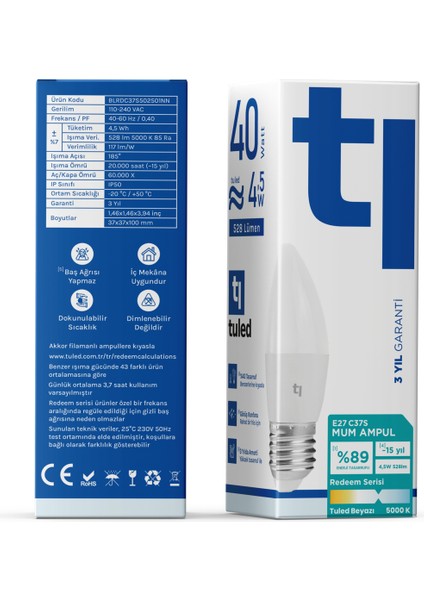 Redeem C37S E27 Mum Ampul, Titreşimsiz, Göz Konforu, Tekli, 528 Lümen, Tuled Beyazı, 5000 Kelvin fiyatları