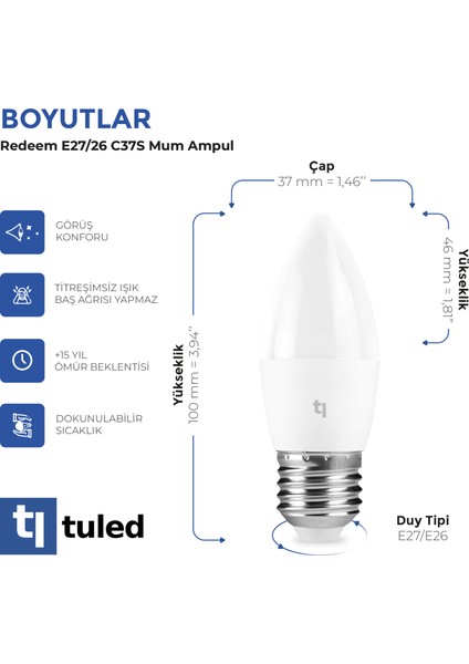 Redeem C37S E27 Mum Ampul, Titreşimsiz, Göz Konforu, Tekli, 528 Lümen, Tuled Beyazı, 5000 Kelvin fırsatları