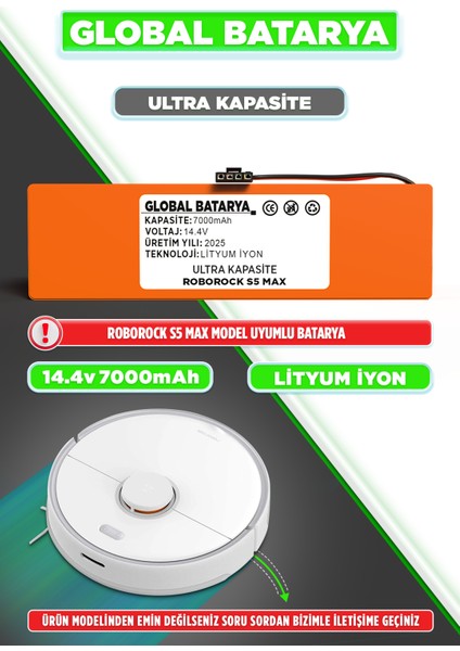 Roborock S5 Max Uyumlu Akıllı Robot Süpürge Bataryası 14.4V 7000MAH Li-Ion Pil (Ultra Kapasite)