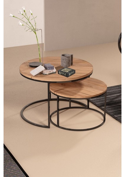 HBCV 2'li Orta Sehpa Seti – Suntalam Antik Çam Üst, Siyah Metal Ayaklı, Klasik-Modern Tasarım, 70x51 ve 60x43 cm fırsatları