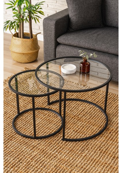 Belarus Metal Ayaklı Şeffaf Siyah Temperli Cam Orta Sehpa Seti 60x60x45 cm – Minimalist Salonlar için modelleri