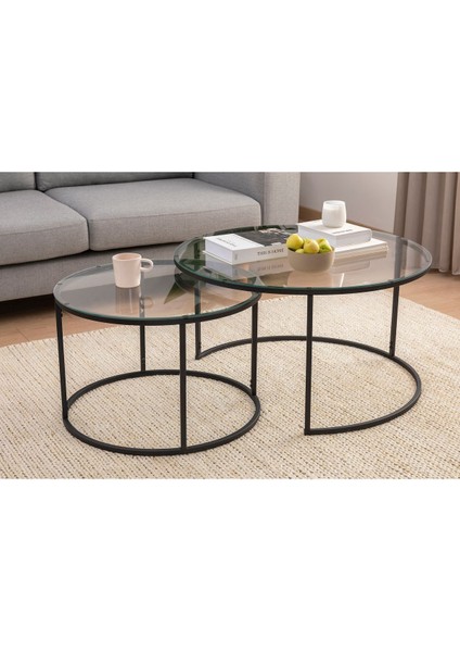 Belarus Metal Ayaklı Şeffaf Siyah Temperli Cam Orta Sehpa Seti 60x60x45 cm – Minimalist Salonlar için