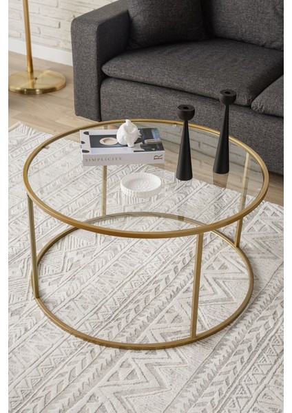 Berlin Orta Sehpa – Temperli Cam Üst, Altın Sarı Metal Ayak, Minimalist Tasarım, 80x80x45 cm, Salon Dekoruna Uyumlu