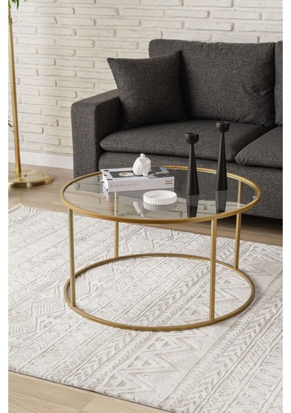 Berlin Orta Sehpa – Temperli Cam Üst, Altın Sarı Metal Ayak, Minimalist Tasarım, 80x80x45 cm, Salon Dekoruna Uyumlu