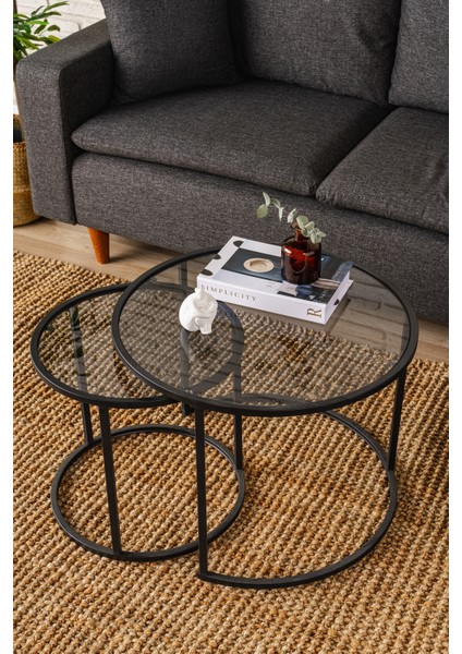 Tokyo İkili Yuvarlak Orta Sehpa Seti – Siyah Metal Ayaklı, Temperli Füme Cam, 60x60x45 cm ve 42x42x40 cm