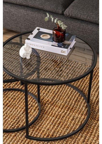 Tokyo İkili Yuvarlak Orta Sehpa Seti – Siyah Metal Ayaklı, Temperli Füme Cam, 60x60x45 cm ve 42x42x40 cm