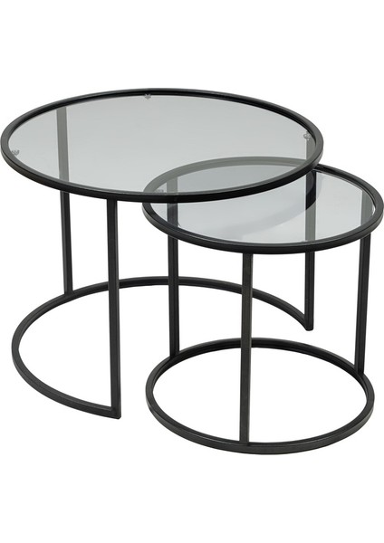 Tokyo İkili Yuvarlak Orta Sehpa Seti – Siyah Metal Ayaklı, Temperli Füme Cam, 60x60x45 cm ve 42x42x40 cm