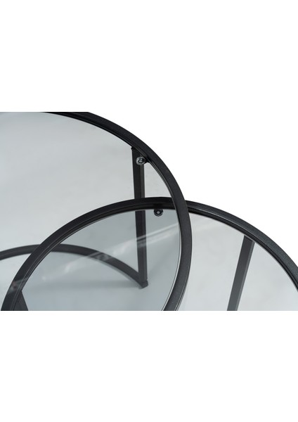 Tokyo İkili Yuvarlak Orta Sehpa Seti – Siyah Metal Ayaklı, Temperli Füme Cam, 60x60x45 cm ve 42x42x40 cm