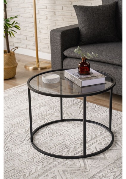 Startis Yuvarlak Orta Sehpa – Siyah Temperli Cam ve Metal Ayaklı, 60x60x45 cm, Minimalist Salon Dekoru