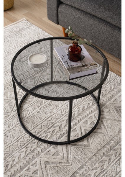 Startis Yuvarlak Orta Sehpa – Siyah Temperli Cam ve Metal Ayaklı, 60x60x45 cm, Minimalist Salon Dekoru