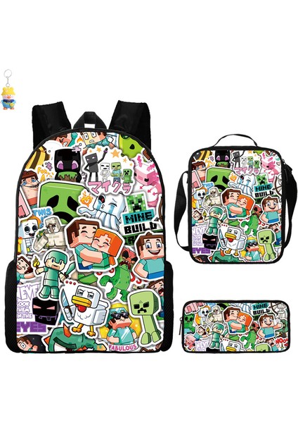 Mınecraft Ilkokul ve Ortaokul Öğrencileri Için Okul Çantası Mınecraft Oyunu Çevresel Sırt Çantası Üç Parçalı Öğrenci Sırt Çantası (Yurt Dışından)