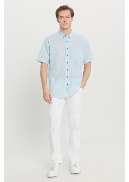 Erkek Açık Mavi Comfort Fit Rahat Kesim Düğmeli Yaka Keten Görünümlü %100 Pamuk Kısa Kollu Gömlek fiyatları