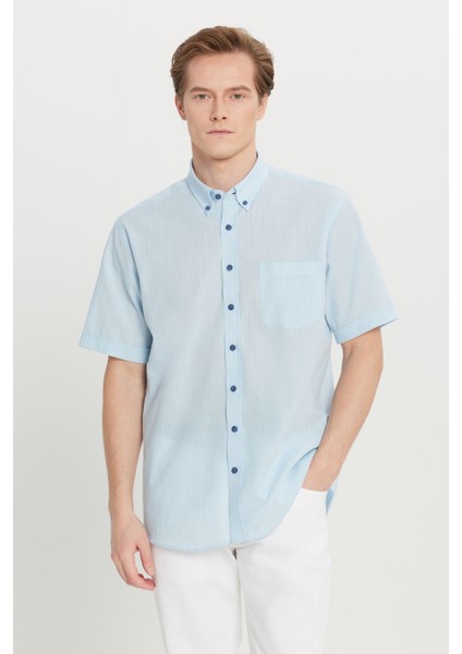 Erkek Açık Mavi Comfort Fit Rahat Kesim Düğmeli Yaka Keten Görünümlü %100 Pamuk Kısa Kollu Gömlek modelleri