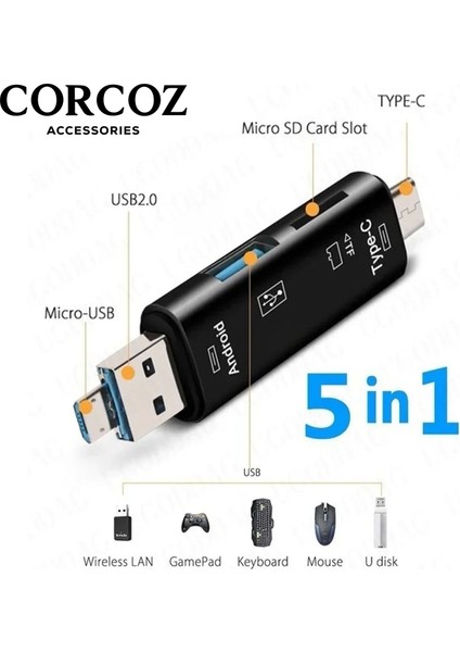 5'i 1 Arada Çok Işlevli USB 3.0 Tip C/usb/mikro Usb/tf/sd Hafıza Kartı Okuyucu Otg Kart Okuyucu - CZ53 indirimleri