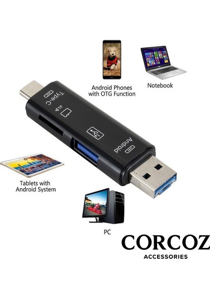 5'i 1 Arada Çok Işlevli USB 3.0 Tip C/usb/mikro Usb/tf/sd Hafıza Kartı Okuyucu Otg Kart Okuyucu - CZ53