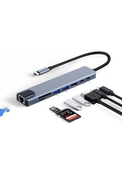 8in1 USB Type-C Hub Port Adaptör 4K HDMI USB Ethernet 100W Pd Girişli Macbook Çevirici Hub Adaptör - CZ56