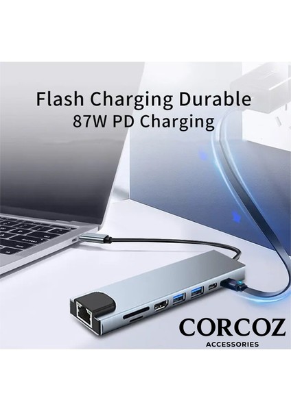 8in1 USB Type-C Hub Port Adaptör 4K HDMI USB Ethernet 100W Pd Girişli Macbook Çevirici Hub Adaptör - CZ56 fiyatları
