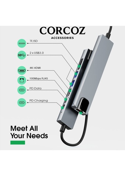 8in1 USB Type-C Hub Port Adaptör 4K HDMI USB Ethernet 100W Pd Girişli Macbook Çevirici Hub Adaptör - CZ56 indirimleri