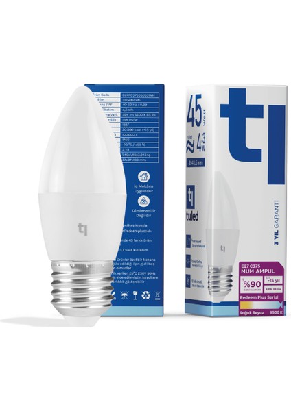 Redeem Plus C37S E27 Mum Ampul, Titreşimsiz, Göz Konforu, Tekli, 594 Lümen, Soğuk Beyaz, 6500 Kelvin