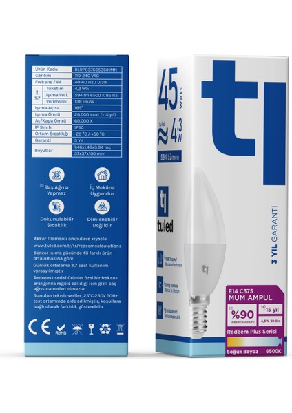 Redeem Plus C37S E14 Mum Ampul, Titreşimsiz, Göz Konforu, Tekli, 594 Lümen, Soğuk Beyaz, 6500 Kelvin fiyatları