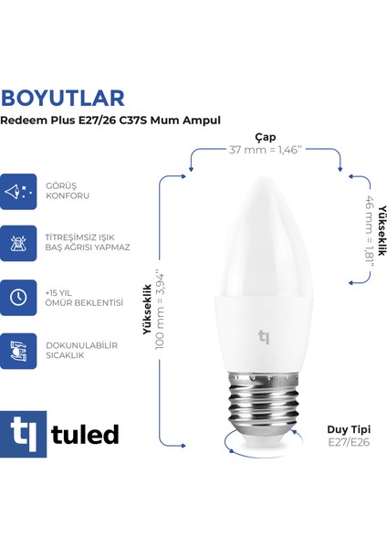 Redeem Plus C37S E27 Mum Ampul, Titreşimsiz, Göz Konforu, Tekli, 594 Lümen, Soğuk Beyaz, 6500 Kelvin fırsatları