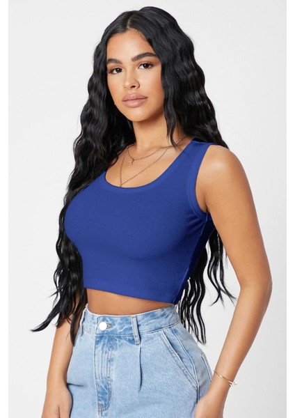 Kadın Lacivert Kare Yaka Crop Top Bluz indirimleri