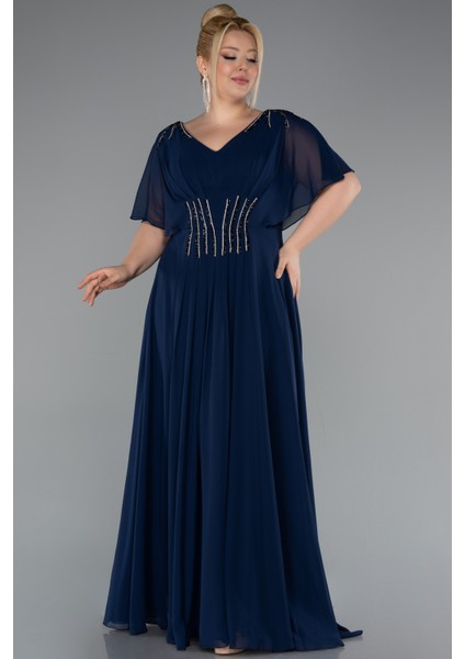 Kısa Kol V Yaka Şifon Uzun Büyük Beden Abiye ABU5159