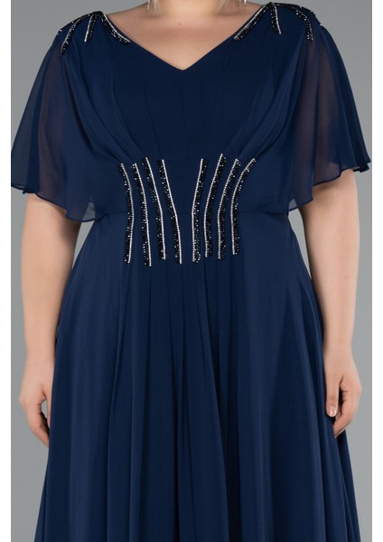 Kısa Kol V Yaka Şifon Uzun Büyük Beden Abiye ABU5159 modelleri