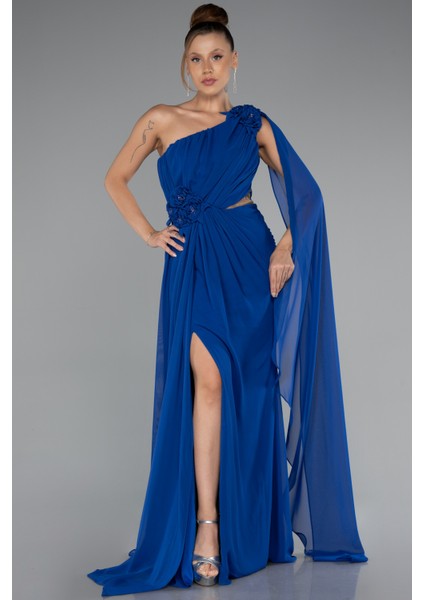 Şallı Tek Omuz Yırtmaçlı Uzun Şifon Abiye ABU5144