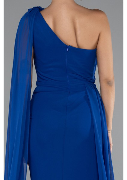 Şallı Tek Omuz Yırtmaçlı Uzun Şifon Abiye ABU5144 fırsatları