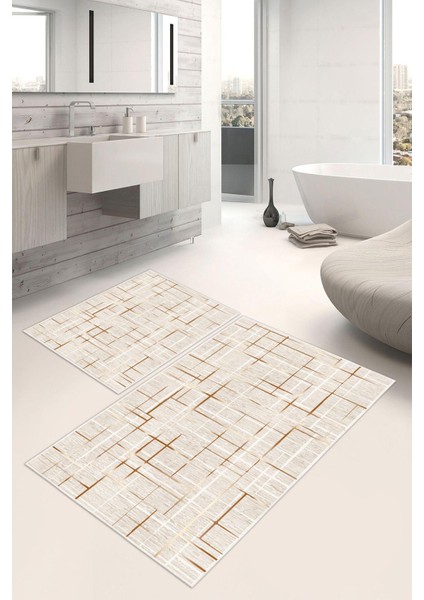 Dijital Baskı Çizgili Desen Kaymaz Taban 2li Set Banyo Paspası Klozet Takımı (50x60cm-60x100cm)