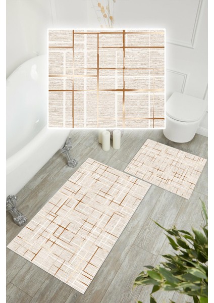 Dijital Baskı Çizgili Desen Kaymaz Taban 2li Set Banyo Paspası Klozet Takımı (50x60cm-60x100cm) modelleri