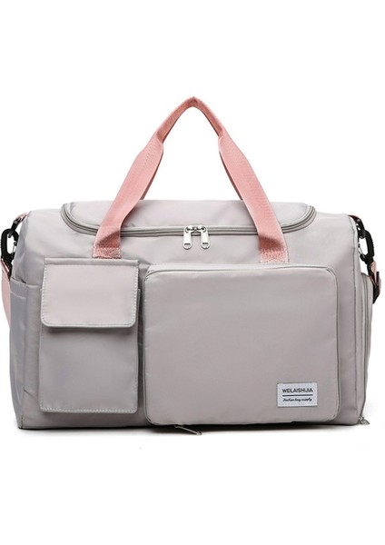 Katlanabilir Büyük Kapasiteli Seyahat Spor Çantası El Çantası Spor Salonu Hafta Sonu Çantası Ayakkabı Bölmeli-Gri + Pembe (Yurt Dışından)