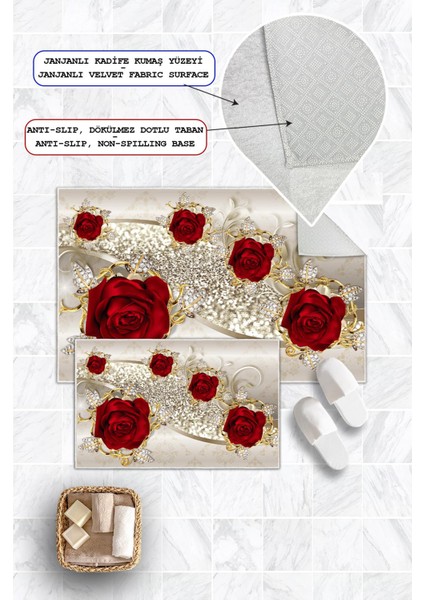 Dijital Baskı Gül Desen Kaymaz Taban 2li Set Banyo Paspası Klozet Takımı (50X60CM-60X100CM)