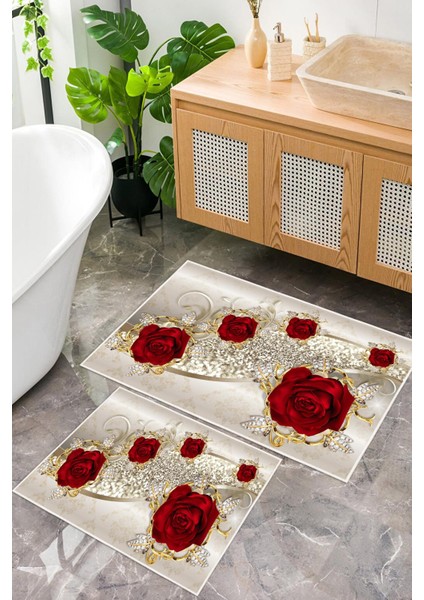 Dijital Baskı Gül Desen Kaymaz Taban 2li Set Banyo Paspası Klozet Takımı (50X60CM-60X100CM) fiyatları