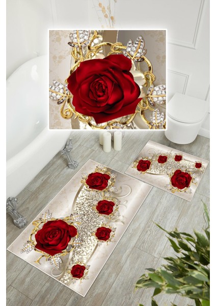 Dijital Baskı Gül Desen Kaymaz Taban 2li Set Banyo Paspası Klozet Takımı (50X60CM-60X100CM) modelleri