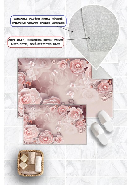 Dijital Baskı Pembe Gül Desen Kaymaz Taban 2li Set Banyo Paspası Klozet Takımı (50x60cm-60x100cm) fiyatları