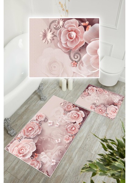 Dijital Baskı Pembe Gül Desen Kaymaz Taban 2li Set Banyo Paspası Klozet Takımı (50x60cm-60x100cm) modelleri