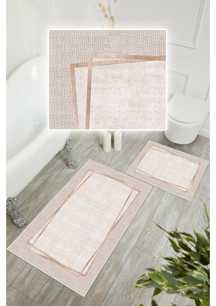 Dijital Baskı Çerçeveli Kaymaz Taban 2li Set Banyo Paspası (50x60cm-60x100cm) modelleri