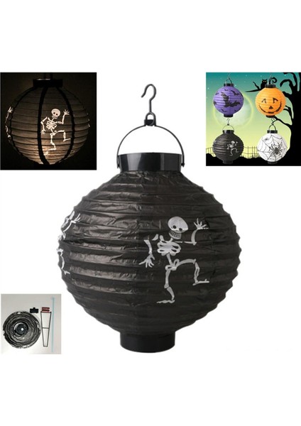 Halloween 20 cm LED Işıklı Iskelet Desenli Siyah Renk Kağıt Japon Feneri