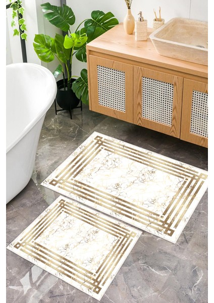 Dijital Baskı Mermer Desenli Kaymaz Taban 2li Set Banyo Paspası Klozet Takımı (50x60cm-60x100cm)