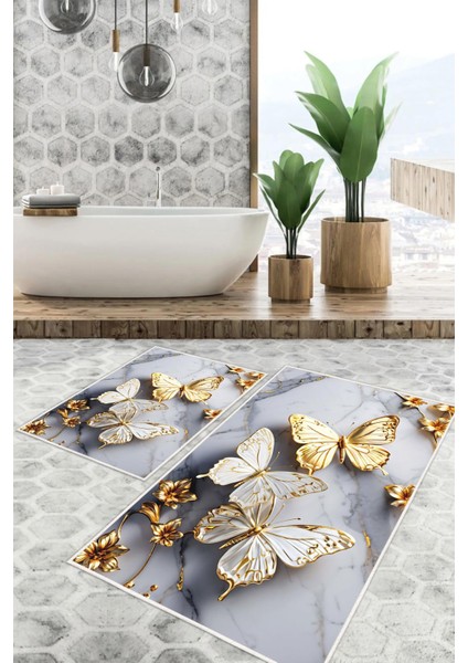 Dijital Baskı Kelebek Desen Kaymaz Taban 2li Set Banyo Paspası Klozet Takımı (50X60CM-60X100CM)