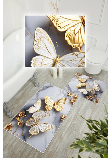 Dijital Baskı Kelebek Desen Kaymaz Taban 2li Set Banyo Paspası Klozet Takımı (50X60CM-60X100CM) modelleri