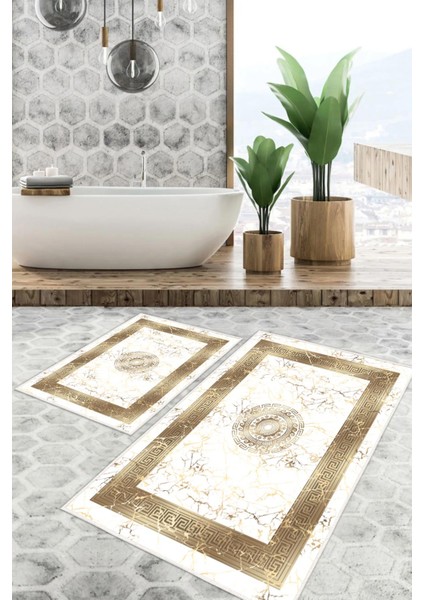 Dijital Baskı Mermer Desen Kaymaz Taban 2li Set Klozet Takımı (50x60cm-60x100cm)