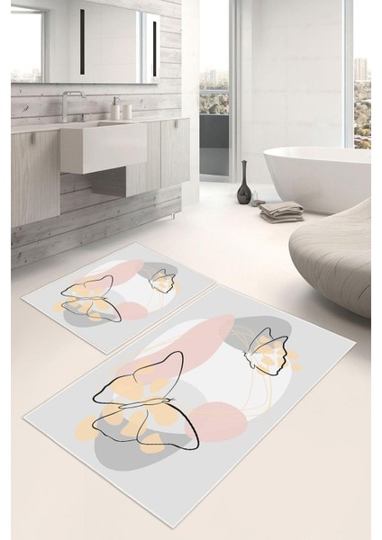 Dijital Baskı Kelebek Desenli Kaymaz Taban 2li Set Banyo Paspası Klozet Takımı (50x60cm-60x100cm)