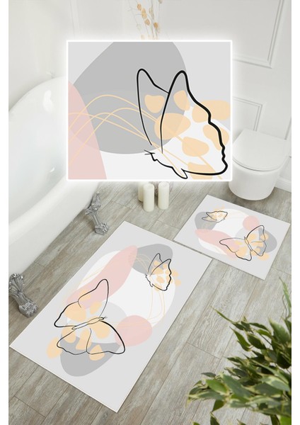 Dijital Baskı Kelebek Desenli Kaymaz Taban 2li Set Banyo Paspası Klozet Takımı (50x60cm-60x100cm) fiyatları