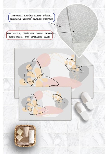 Dijital Baskı Kelebek Desenli Kaymaz Taban 2li Set Banyo Paspası Klozet Takımı (50x60cm-60x100cm) modelleri
