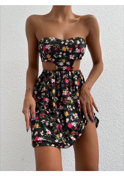 Straplez Elbise Baskılı