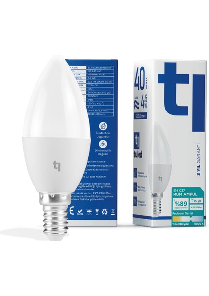 Redeem C37S E14 Mum Ampul, Titreşimsiz, Göz Konforu, Tekli, 528 Lümen, Tuled Beyazı, 5000 Kelvin